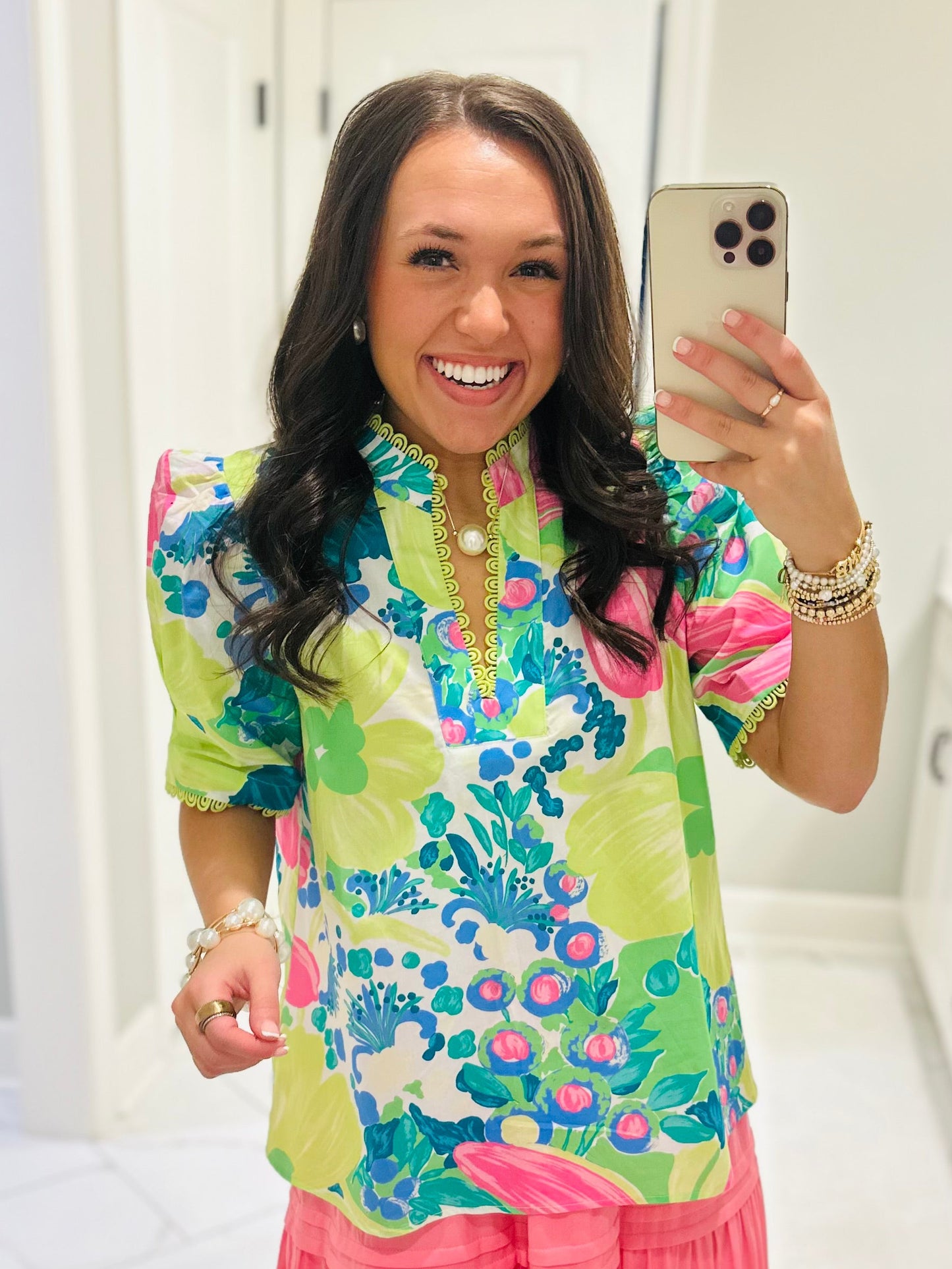 The Remi Lime Green Floral Scallop Trim Top