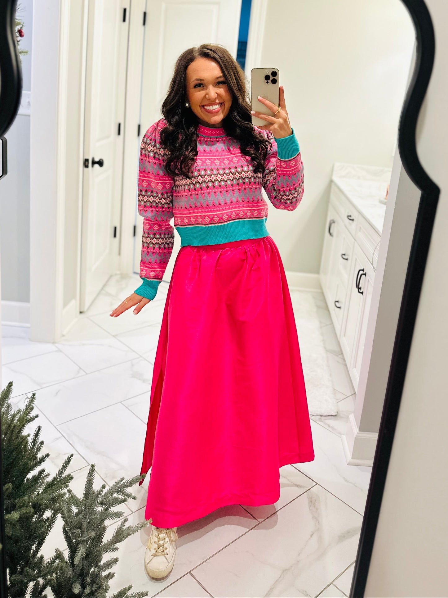 The Alya Hot Pink Fair Isle Print Cropped Sweater