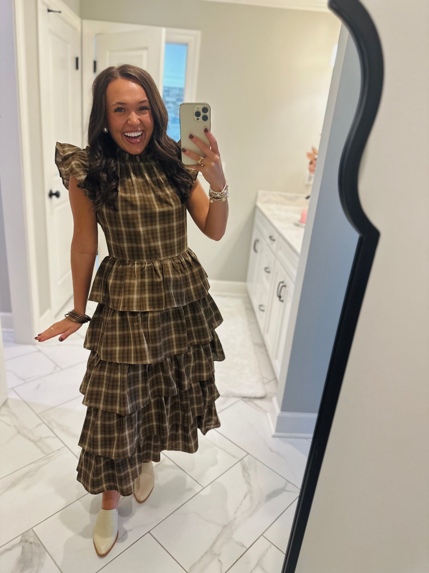 The Timber Brown Plaid Ruffle Tiered Midi Dress