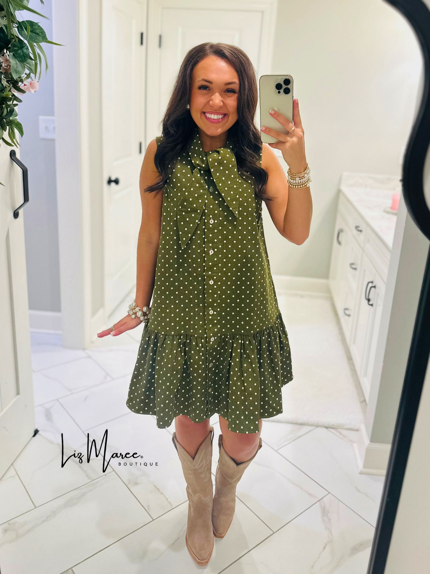 The Stella Olive Green Polka Dot Denim Dress