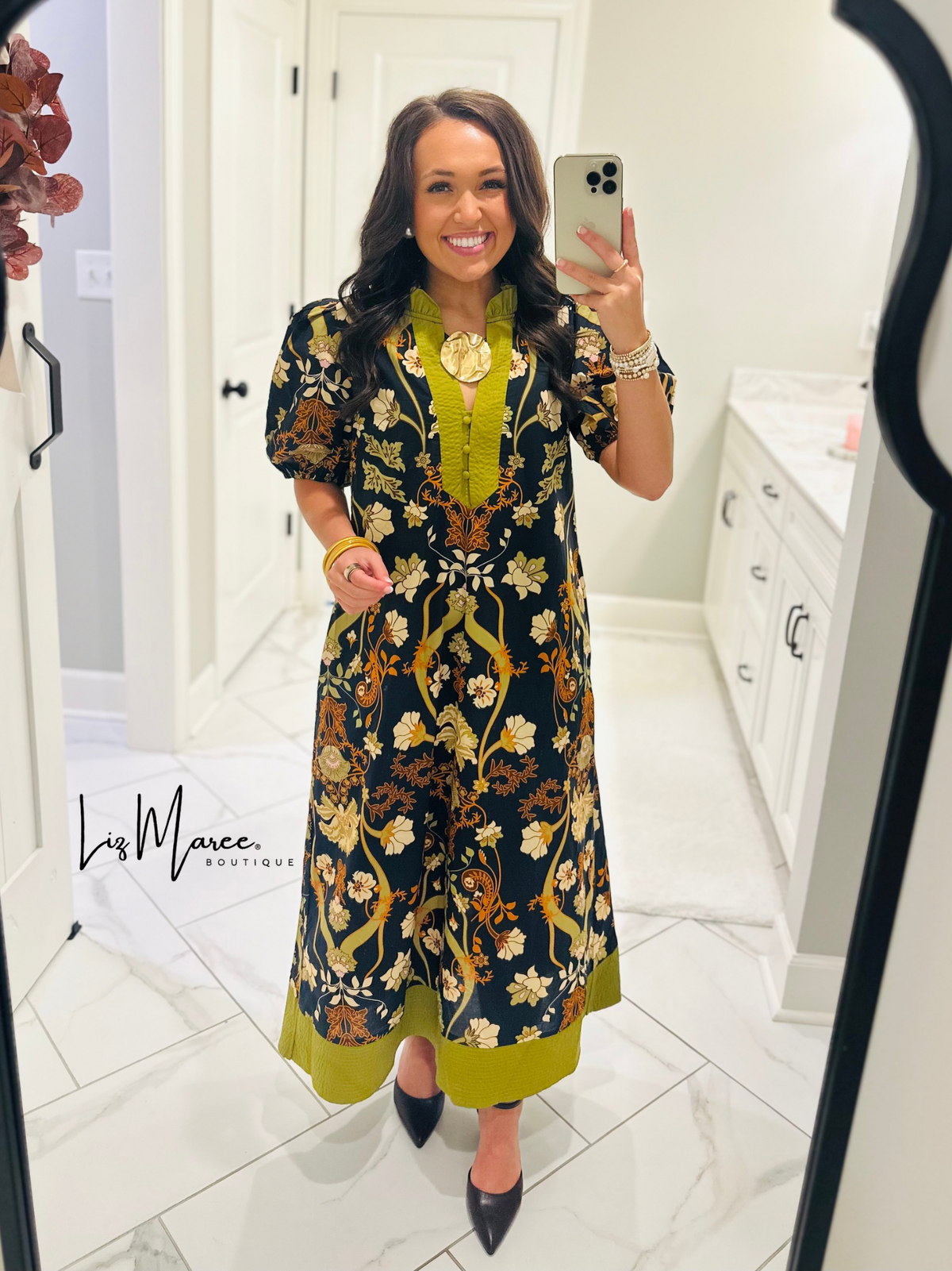 The Francesca Black + Olive Green Floral Midi Dress