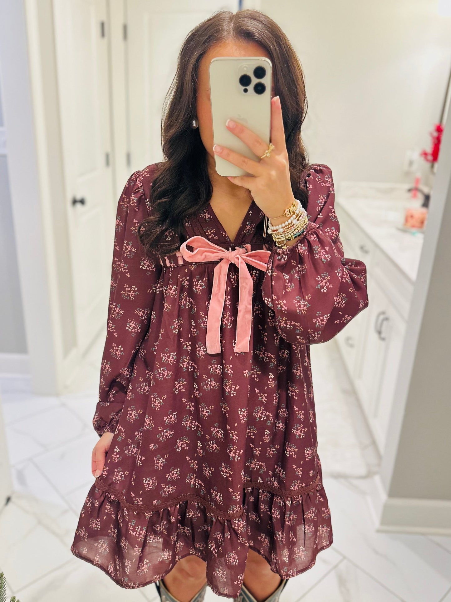 The Rhea Chocolate Brown Floral Long Sleeve Bow Detail Dress