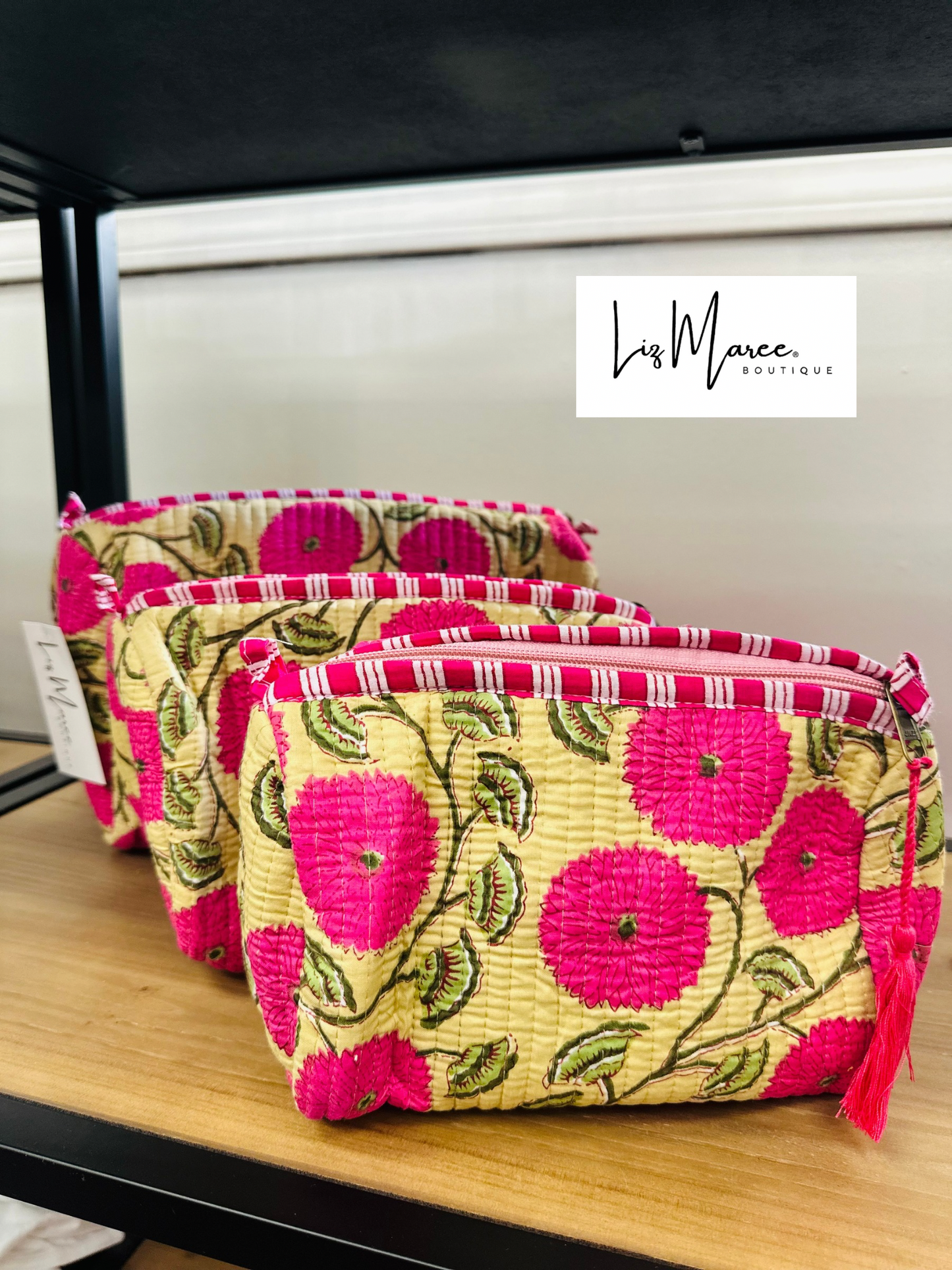 The Pink + Green Floral Quilted Cosmetic Bags - Set of 3