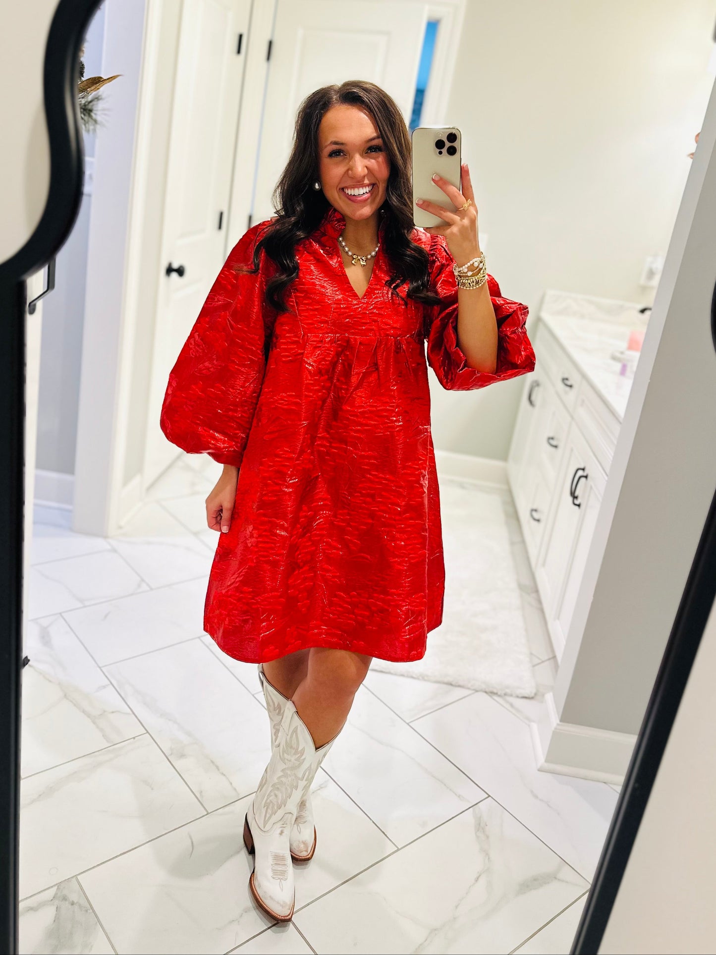 The Clara Red Jacquard Shimmer Dress