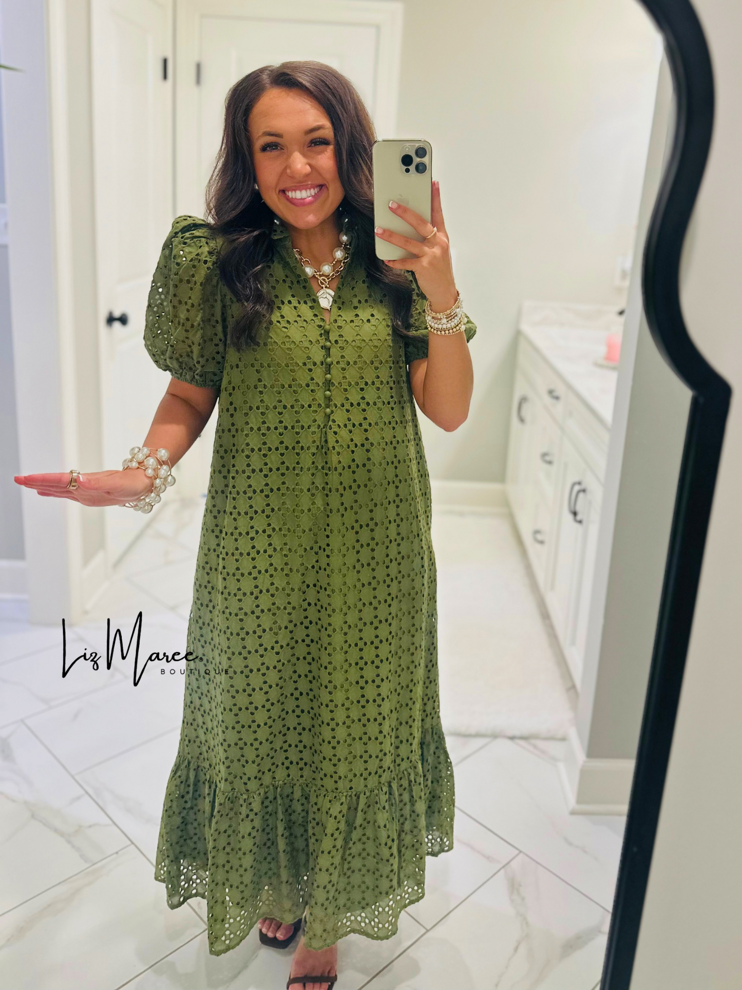 The Liz Olive Green Eyelet Midi Dress