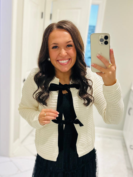 The Sofia Cream + Black Velvet Bow Cardigan