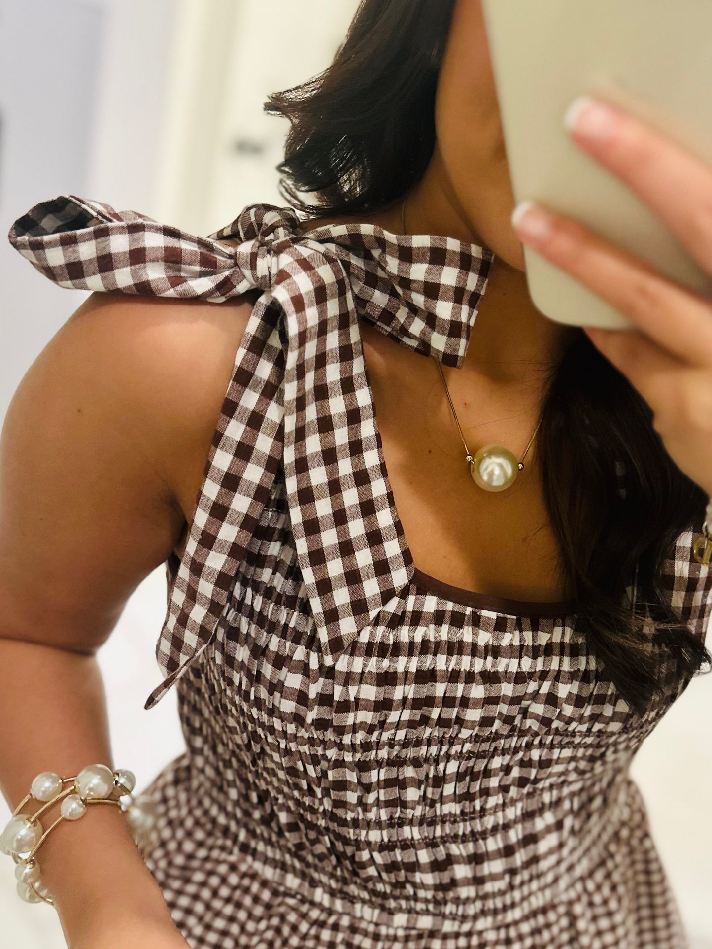 The Kacie Brown Gingham Tiered Ruffle Midi Dress