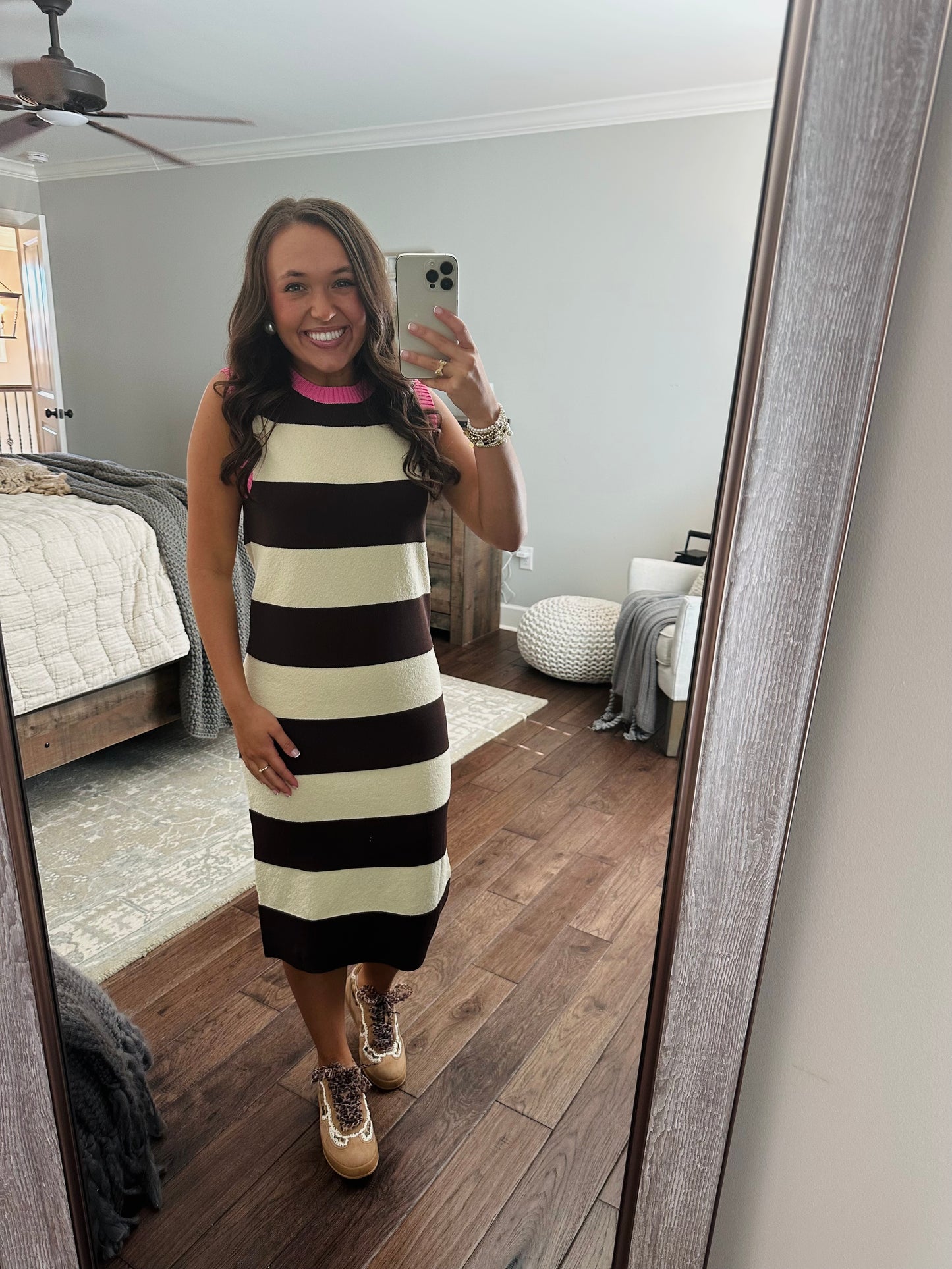 The Everlee Pink + Cream Striped Knit Midi Dress