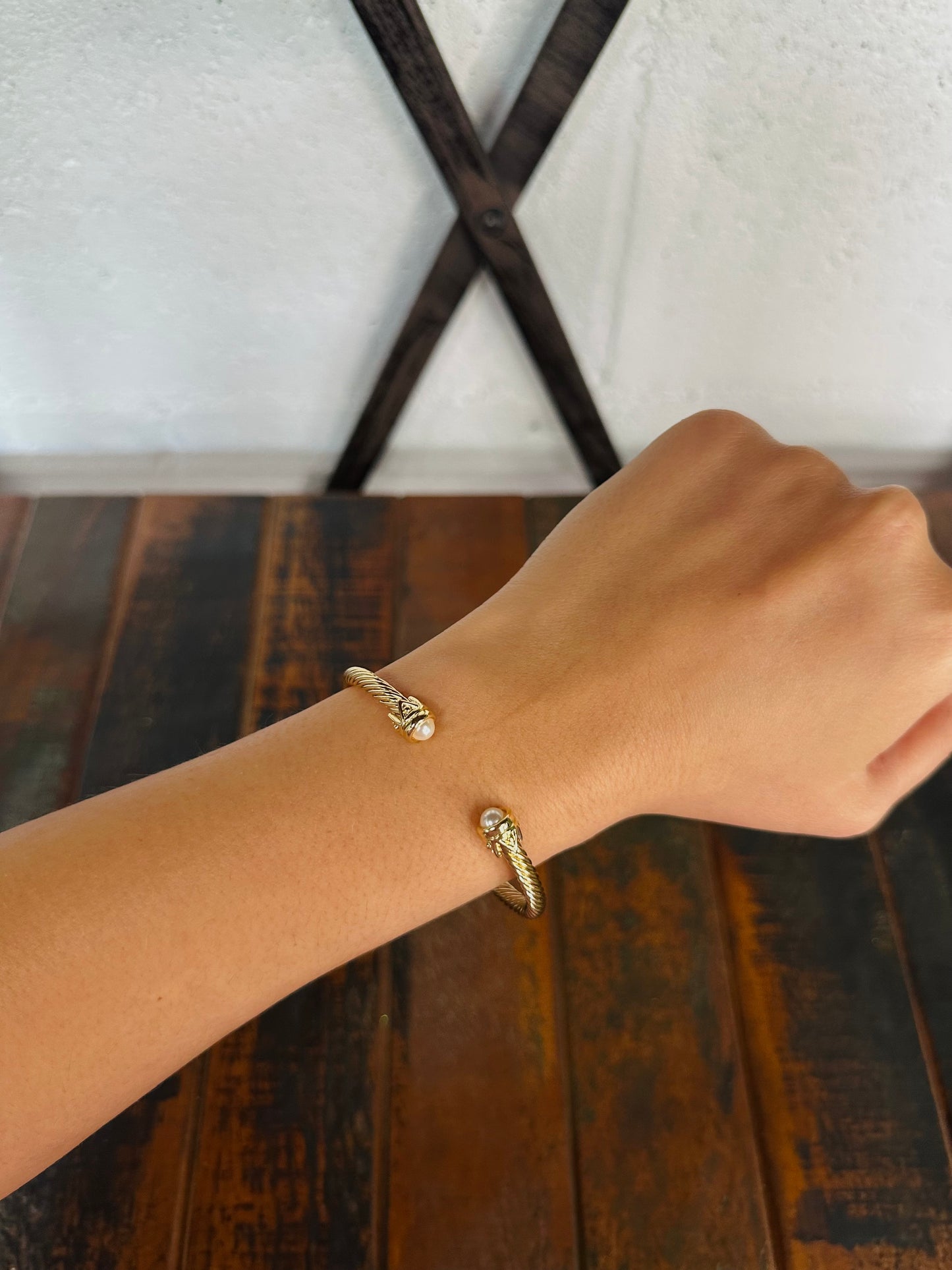 Gold Pearl End Cable Cuff Bracelet