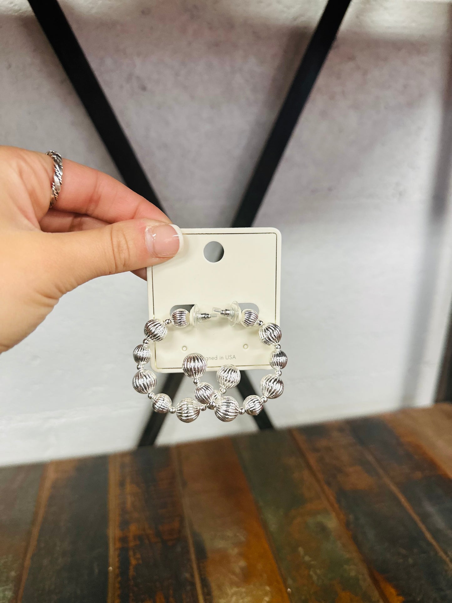 Silver Carved Ball Hoop Earring