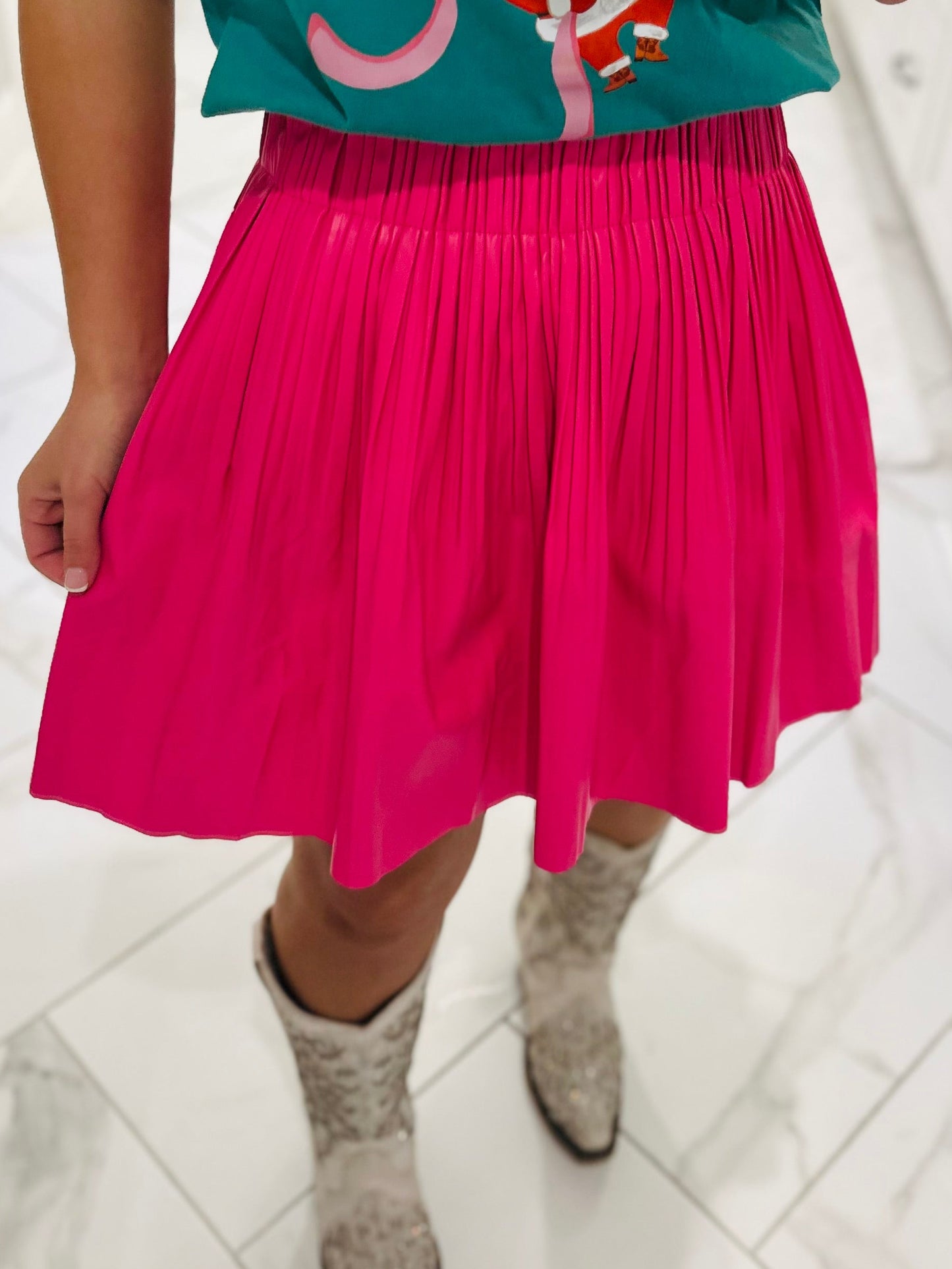 The Annie Hot Pink Leather Pleated Skirt