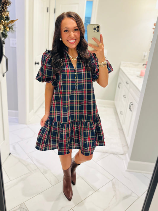 The Carol Navy Holiday Plaid Dress