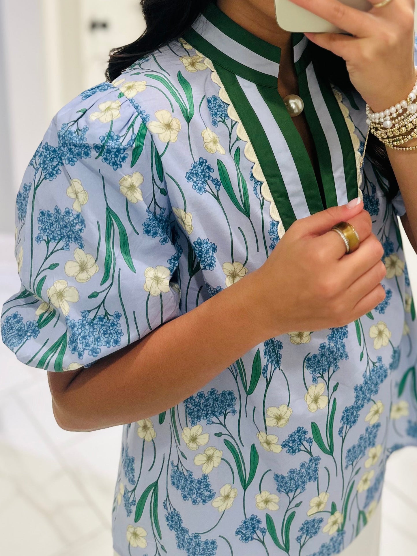The Poppy Blue Floral Scallop Trim Top