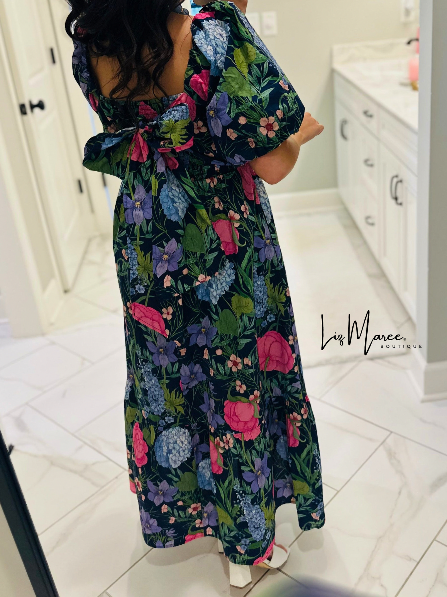 The Danyale Navy Floral Bow Midi Dress