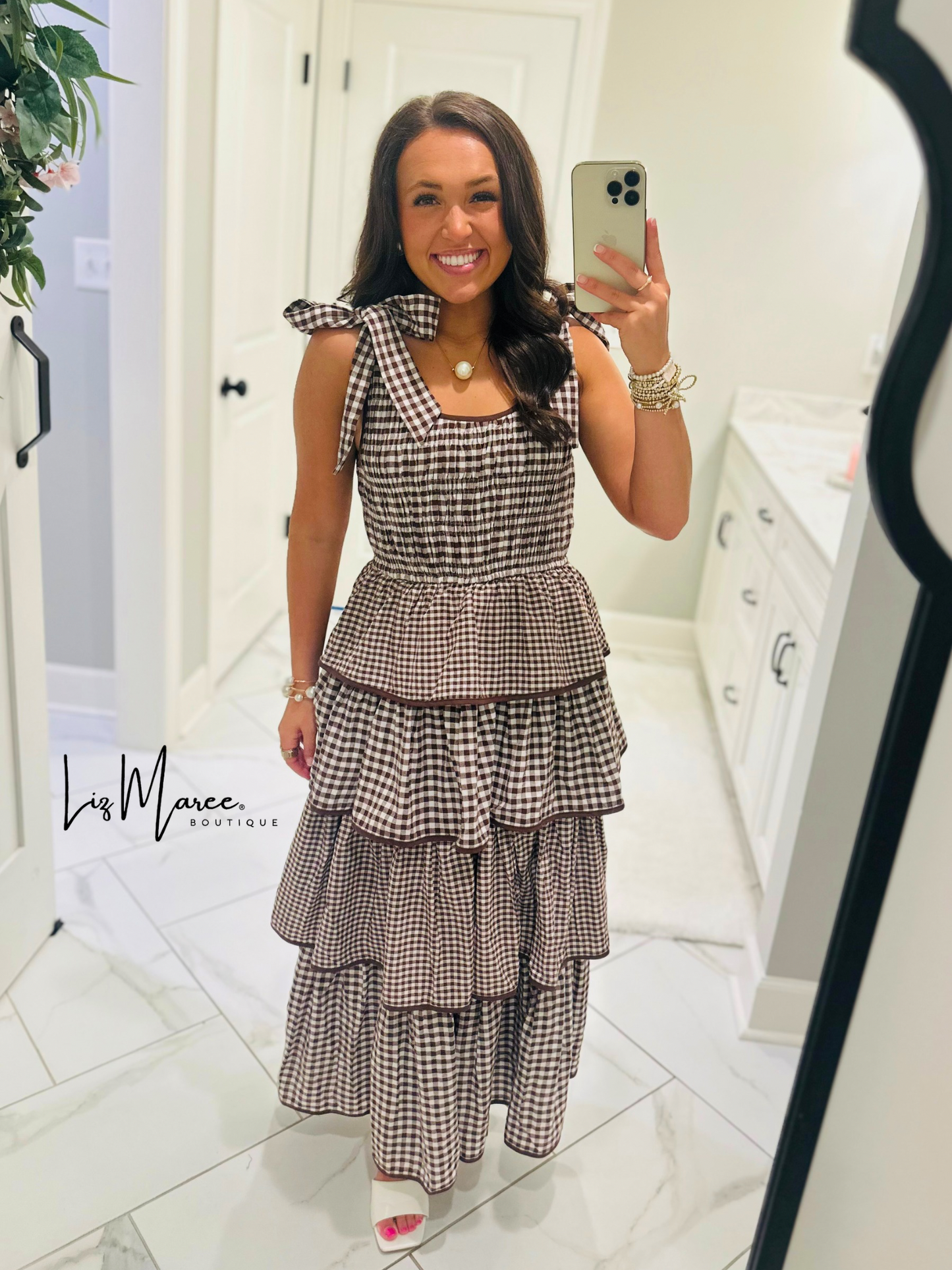 The Kacie Brown Gingham Tiered Ruffle Midi Dress