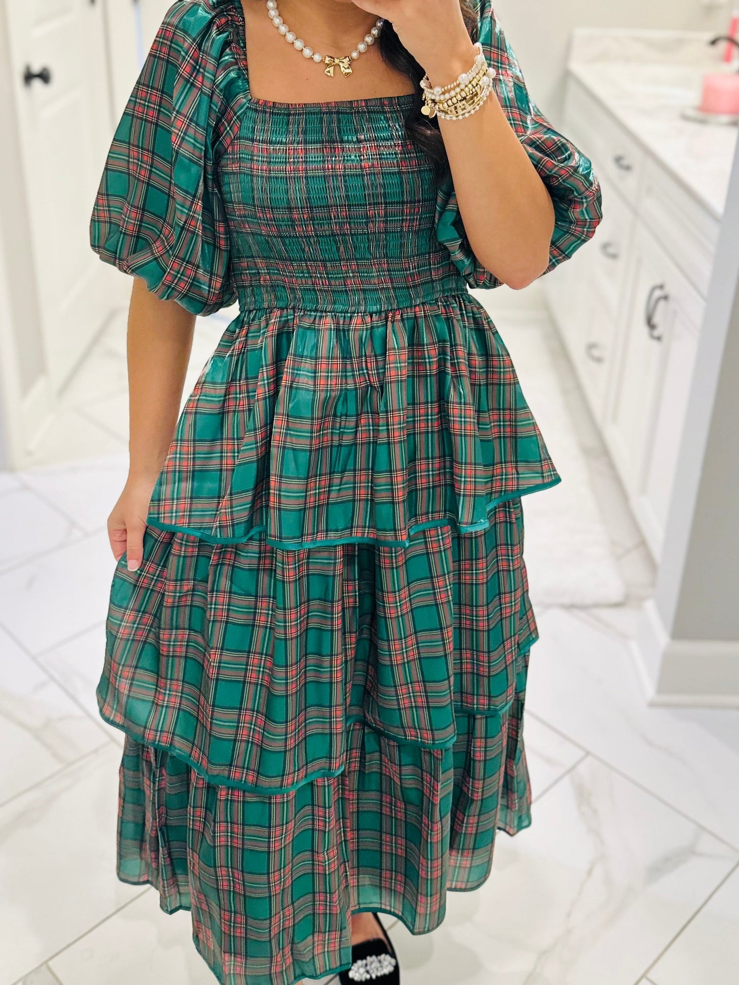 The Holly Green Christmas Plaid Tiered Midi Dress