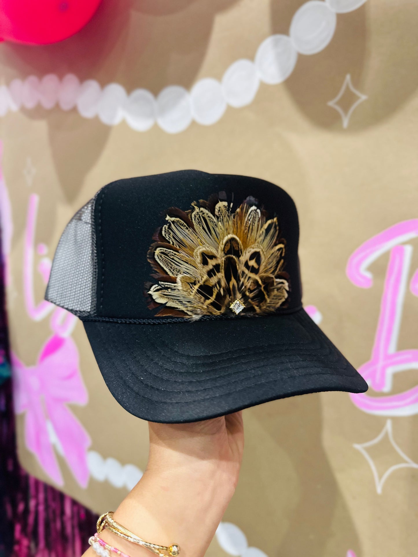 Black Feather + Diamond Stone Trucker Hat