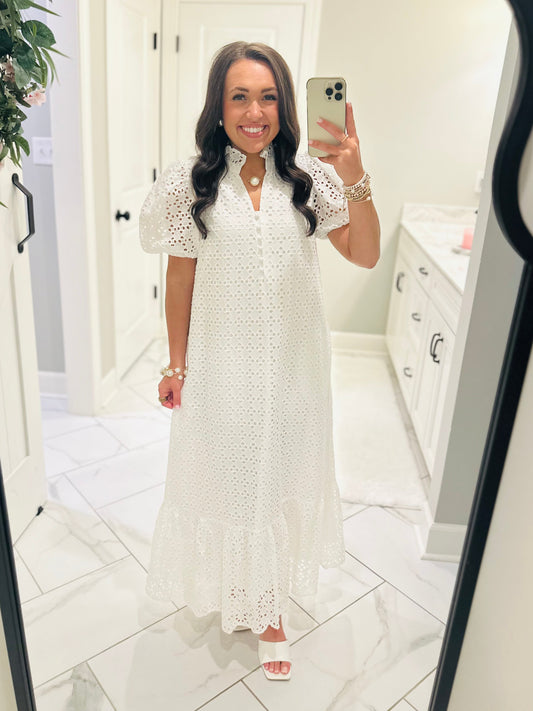 The Liz White Eyelet Midi Dress