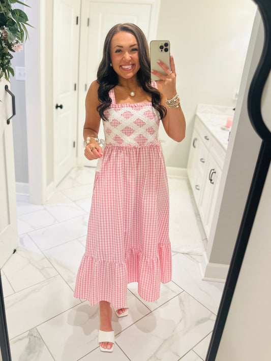 The Ainsley Pink Gingham Smocked Midi Dress