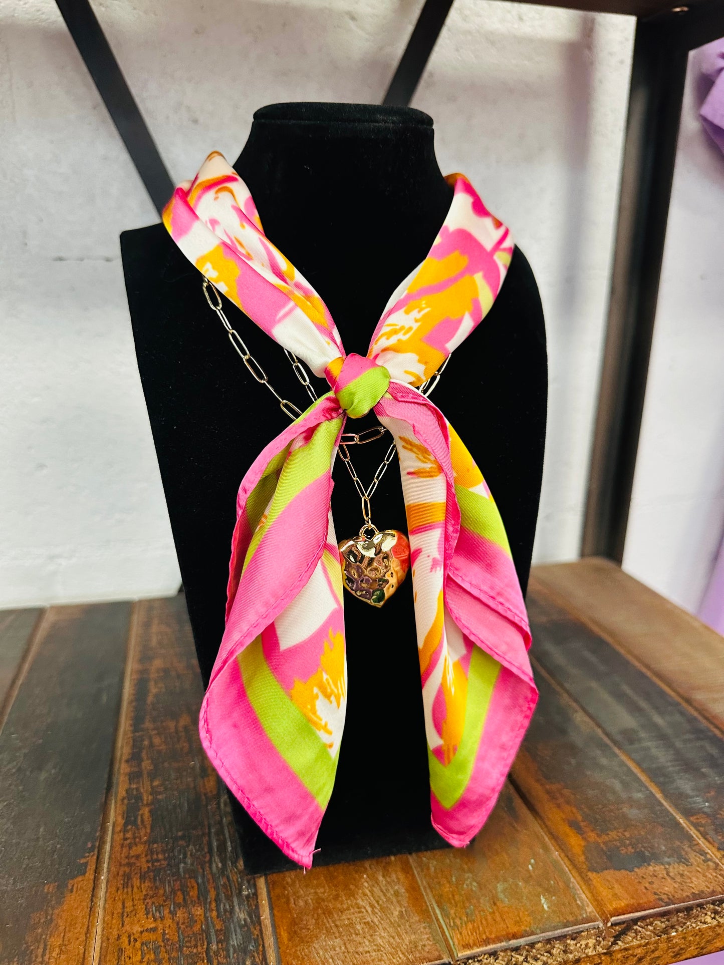 Pink + Gold Heart Pendant Scarf Necklace