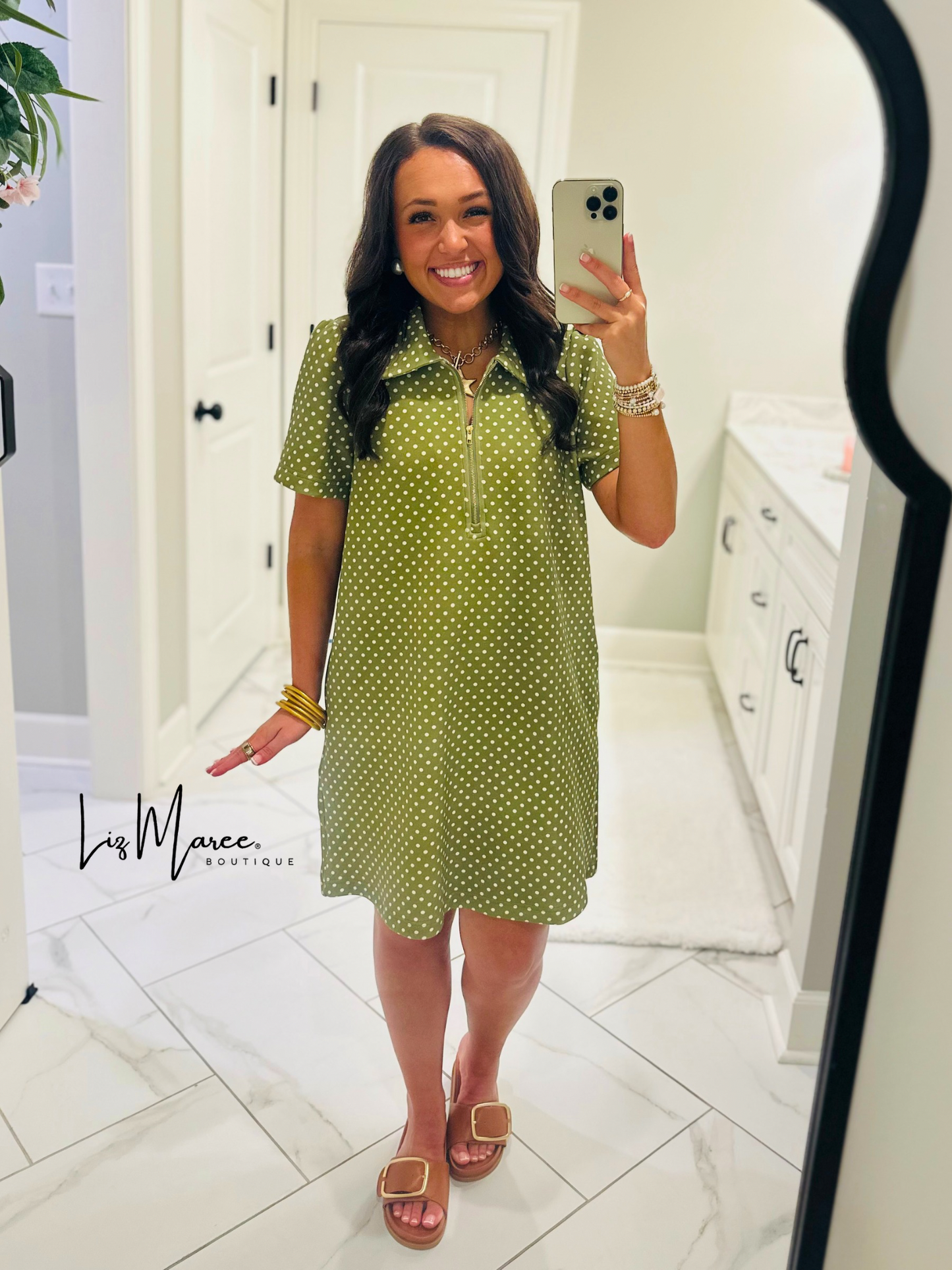 The Hadley Olive Green Polka Dot Quarter Zip Dress