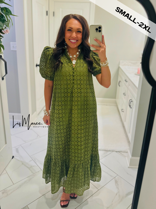The Liz Olive Green Eyelet Midi Dress