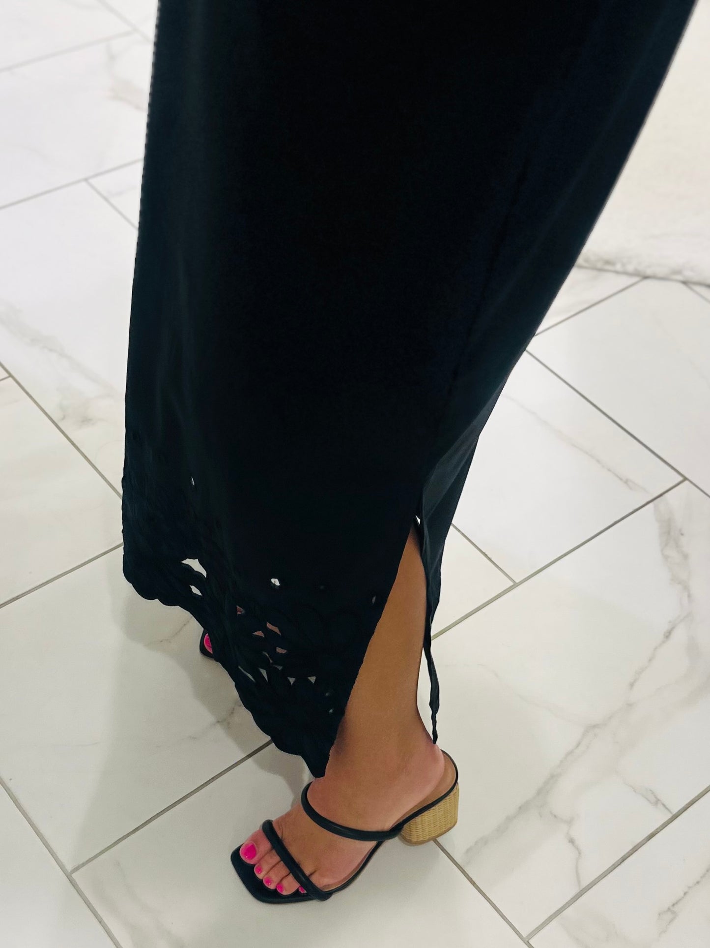 The Blakeley Black Embroidered Scallop Midi Dress