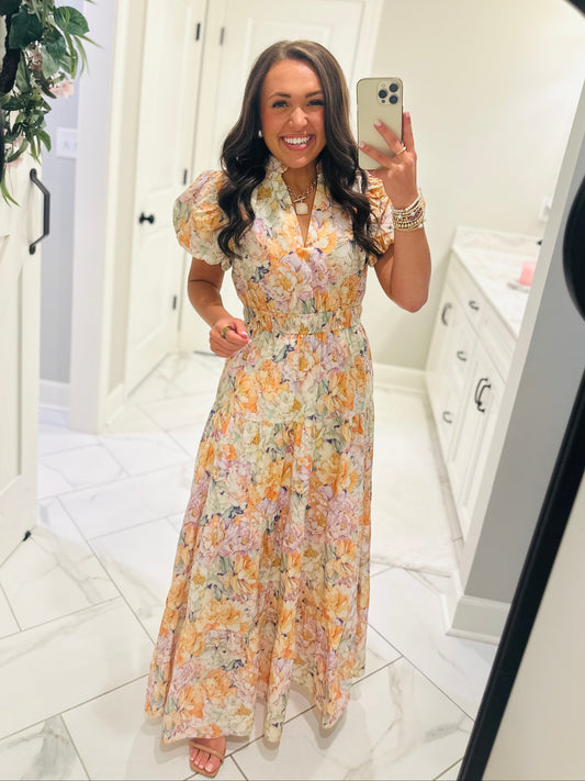 The Elizabeth Lavender + Orange Multicolor Floral Midi Dress