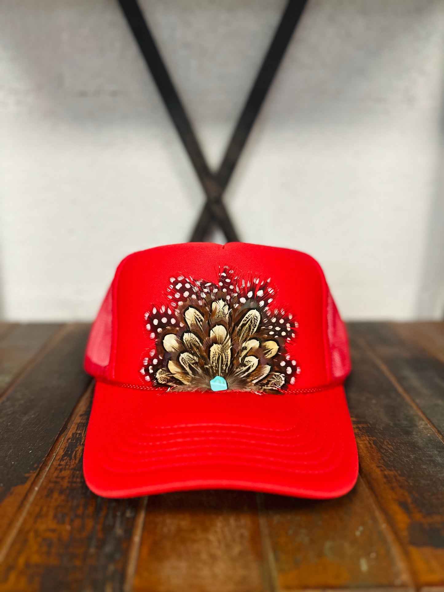 Red Feather + Turquoise Stone Trucker Hat