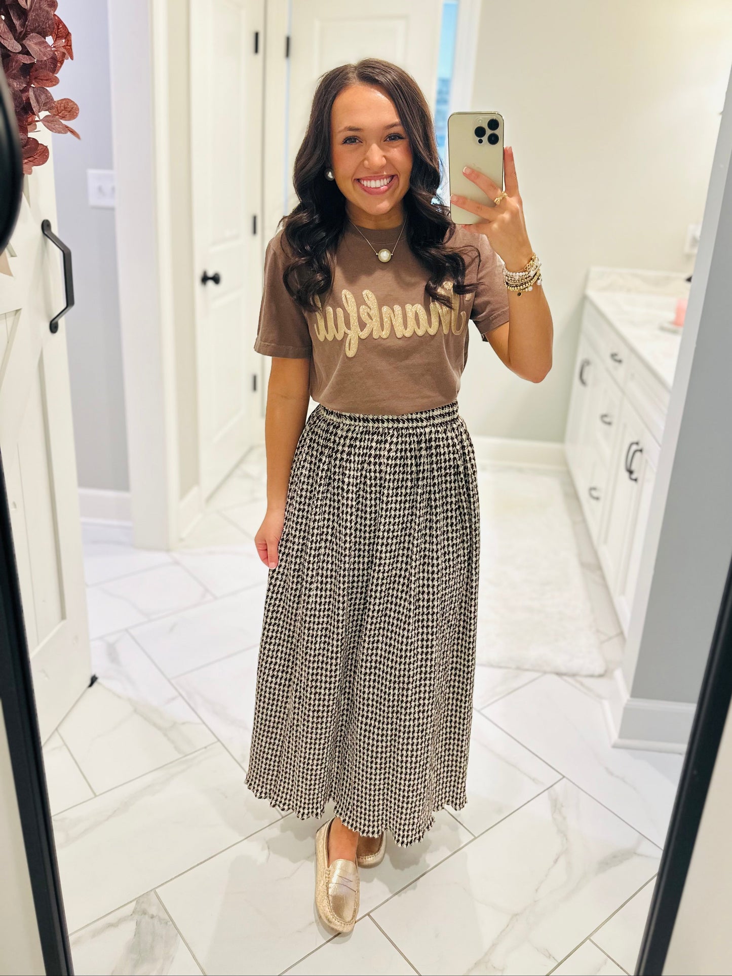 The Chocolate Brown Houndstooth Midi Skirt