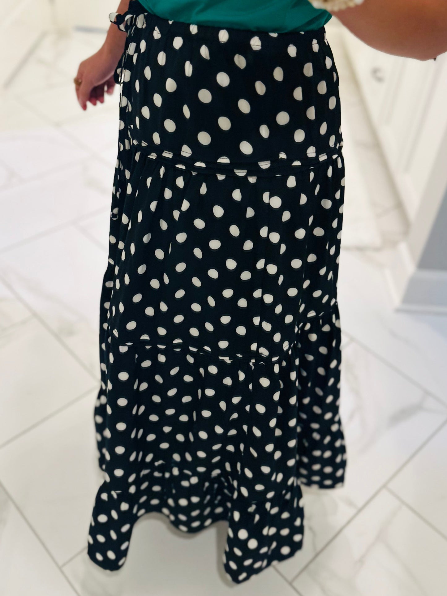 The Ryley Black Polka Dot Tiered Maxi Skirt