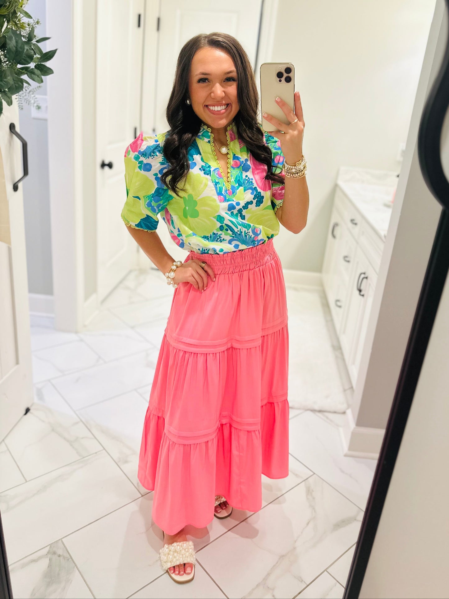 The Remi Lime Green Floral Scallop Trim Top