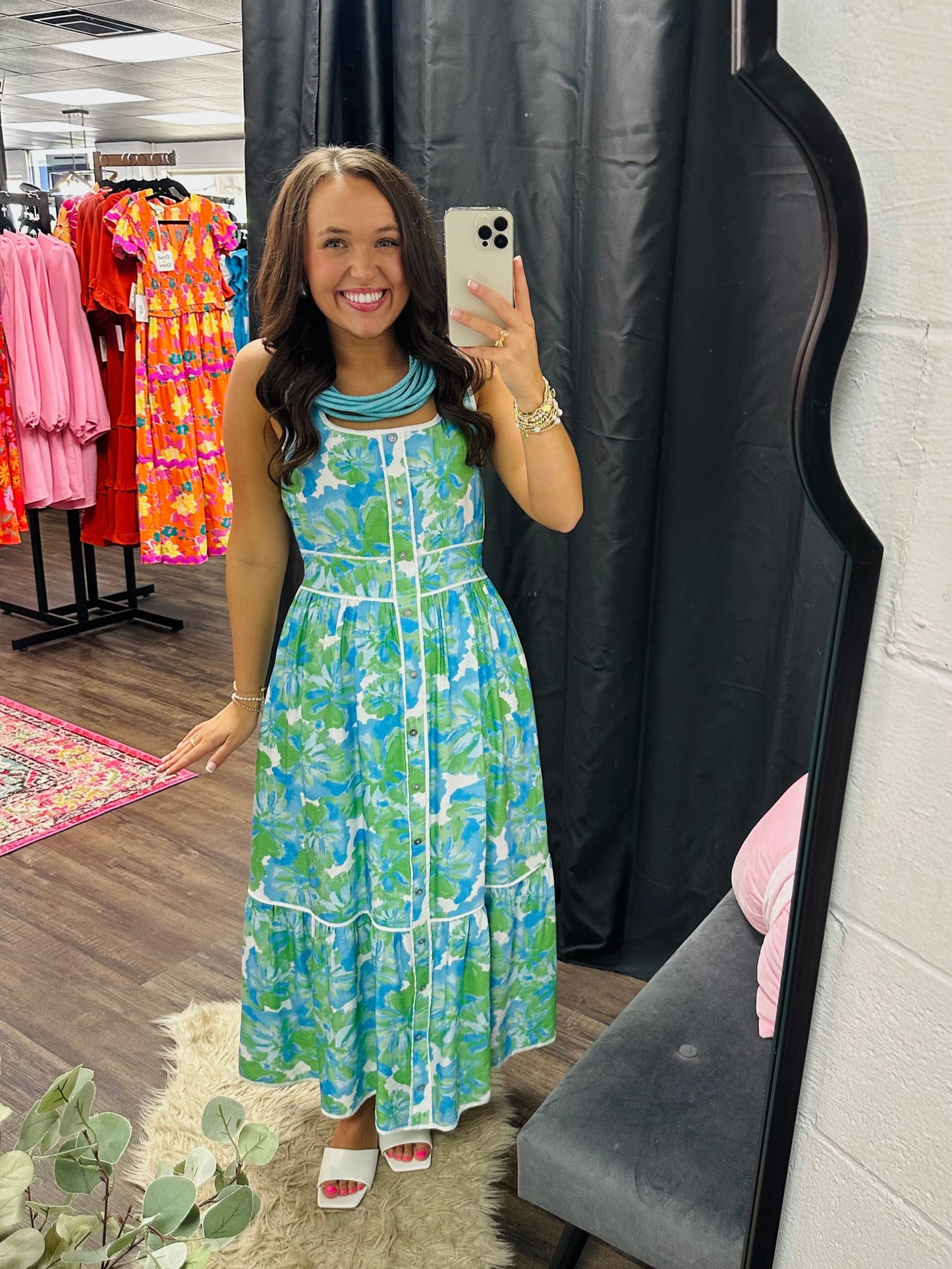 The Lakelynn Green Aqua Floral Midi Dress