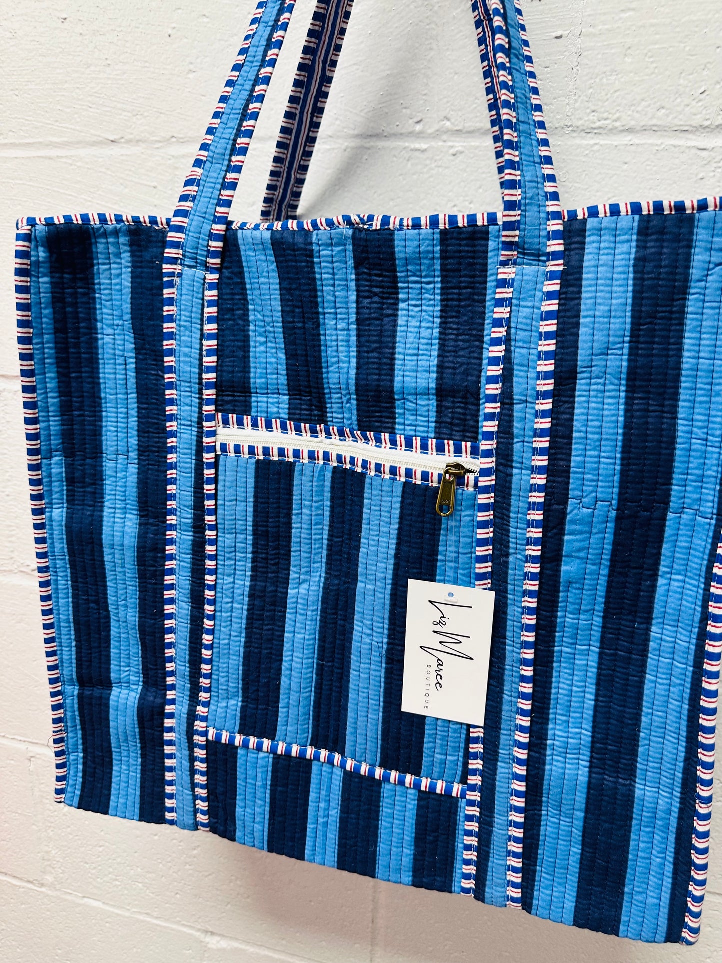 The Navy + Light Blue Striped Quilted Tote Bag