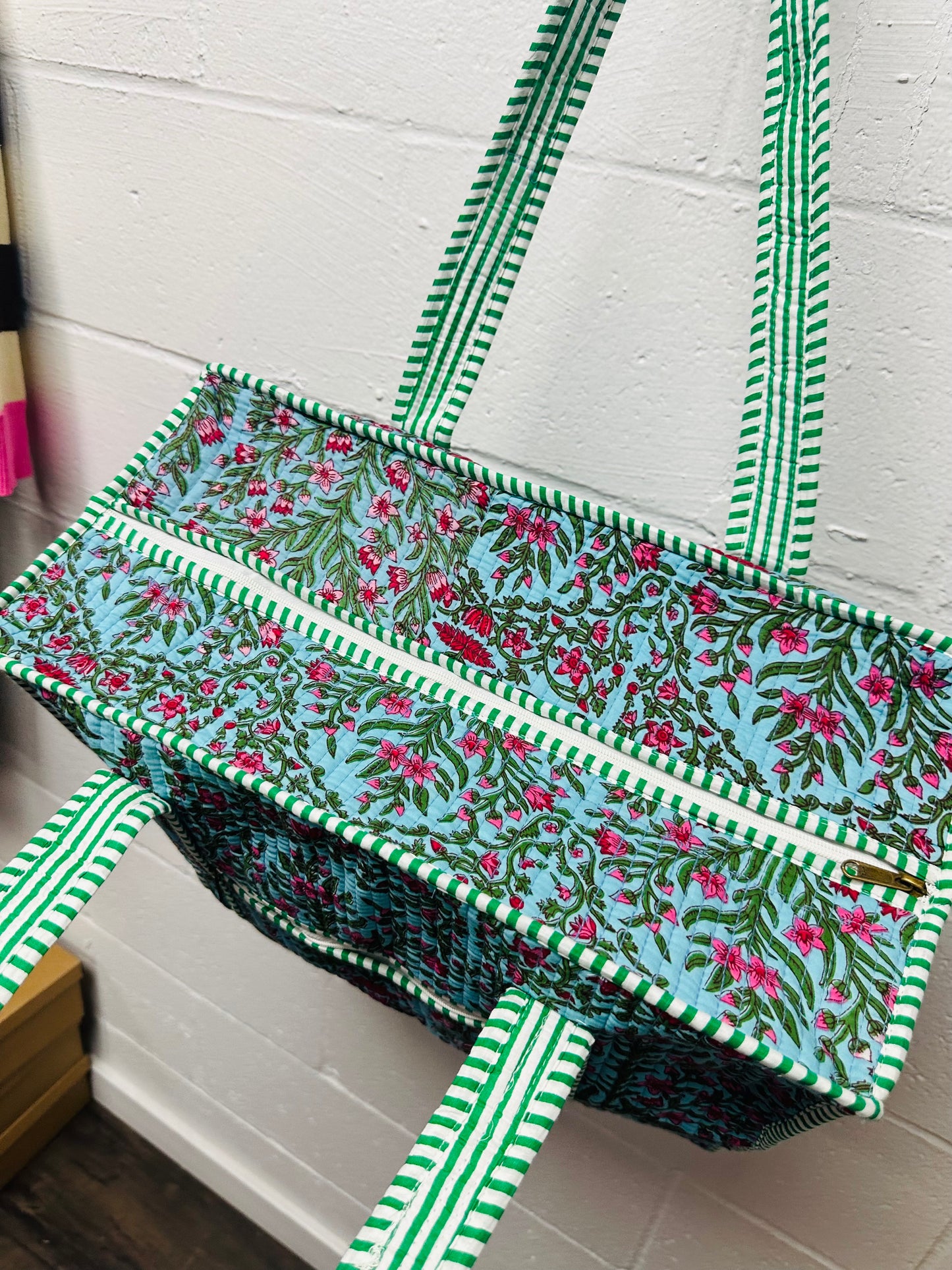 The Blue & Green Floral Quilted Tote Bag