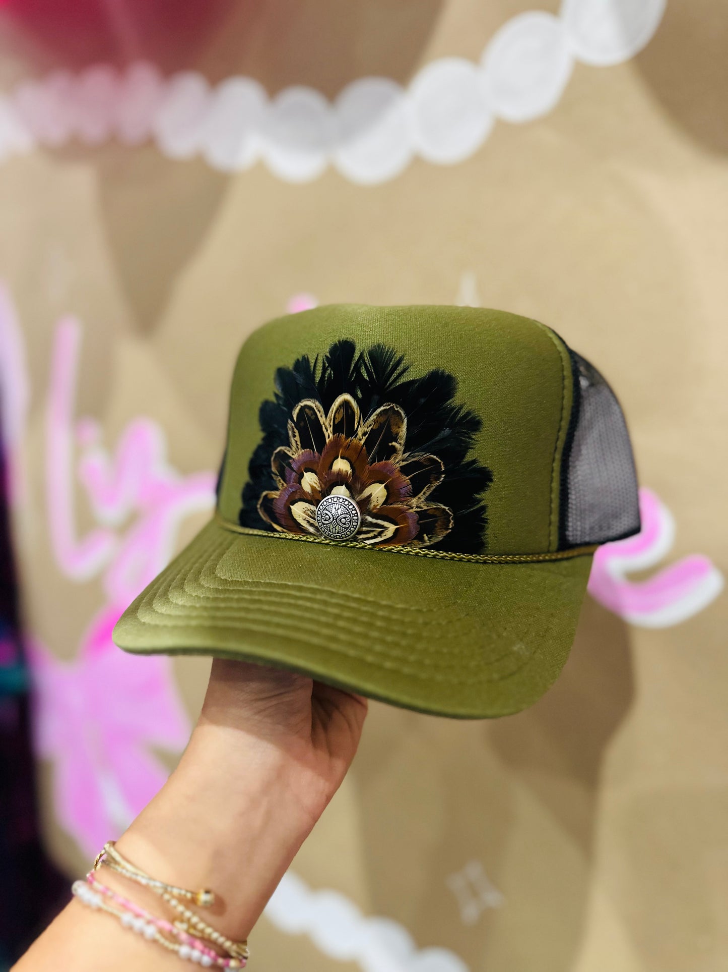 Olive Green + Black Feather Trucker Hat