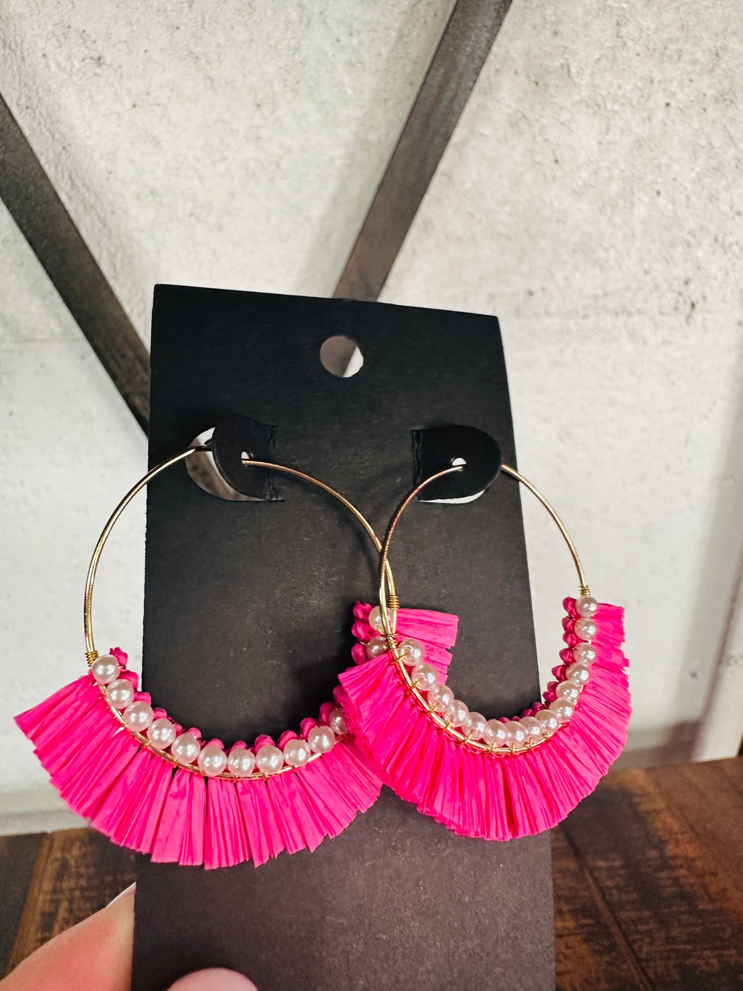 Pink Pearl Lined Raffia Drop Dangles