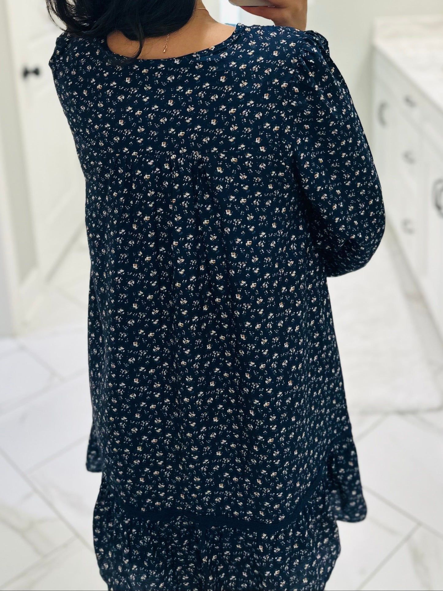 The Rhea Navy Floral Long Sleeve Bow Detail Dress