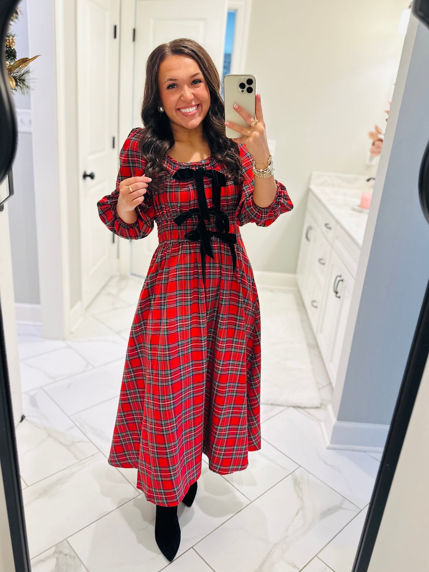 The Eve Red Holiday Plaid Bow Midi Dress