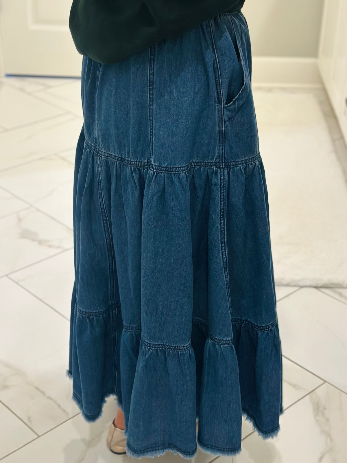 The Callie Denim Tiered Midi Skirt