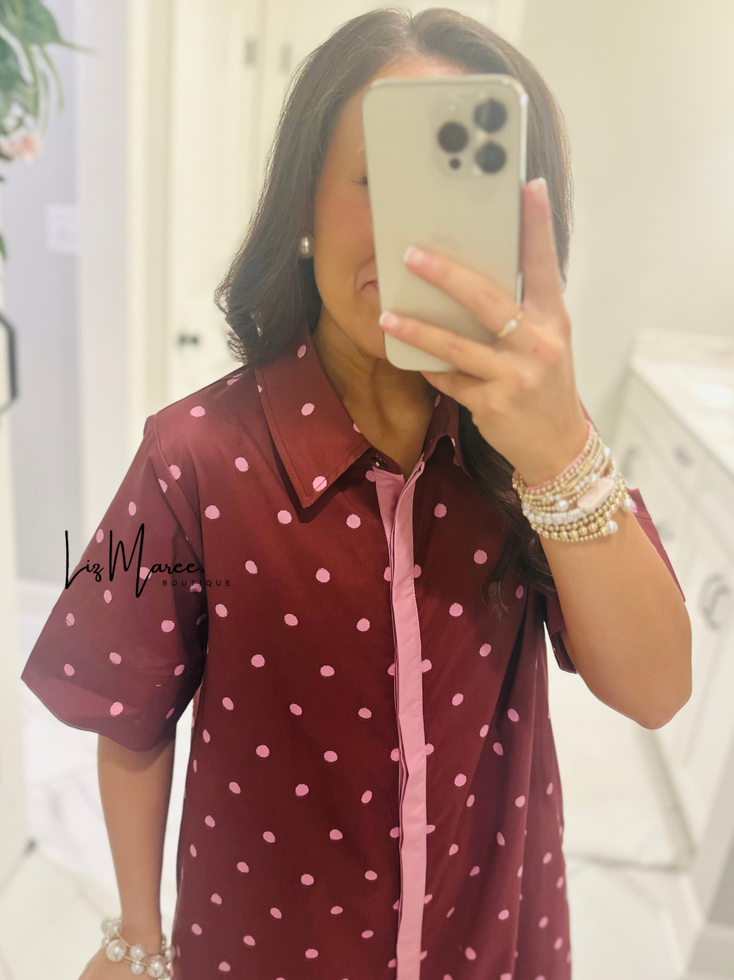 The Ruth Burgundy + Pink Polka Dot Midi Dress