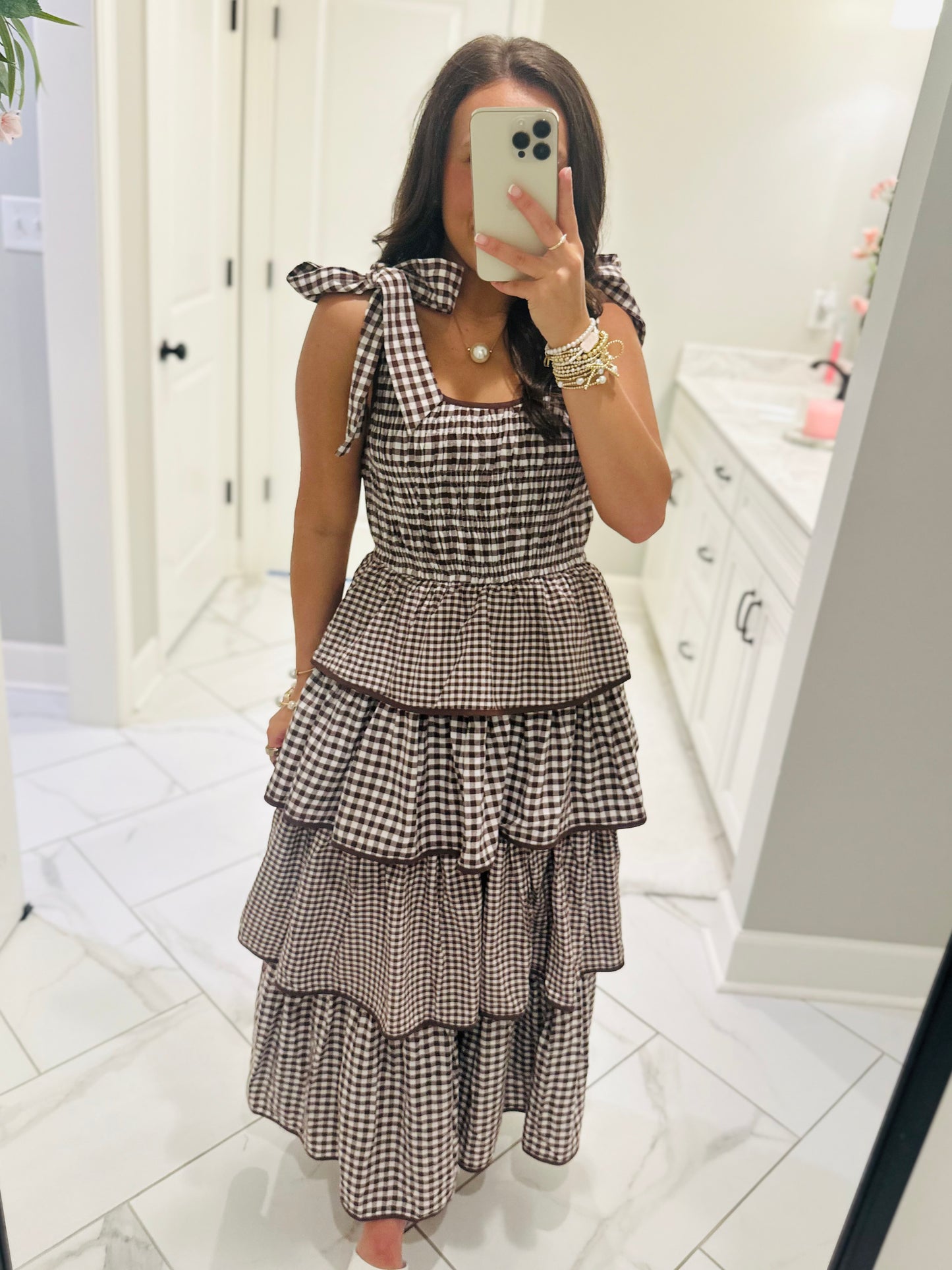 The Kacie Brown Gingham Tiered Ruffle Midi Dress