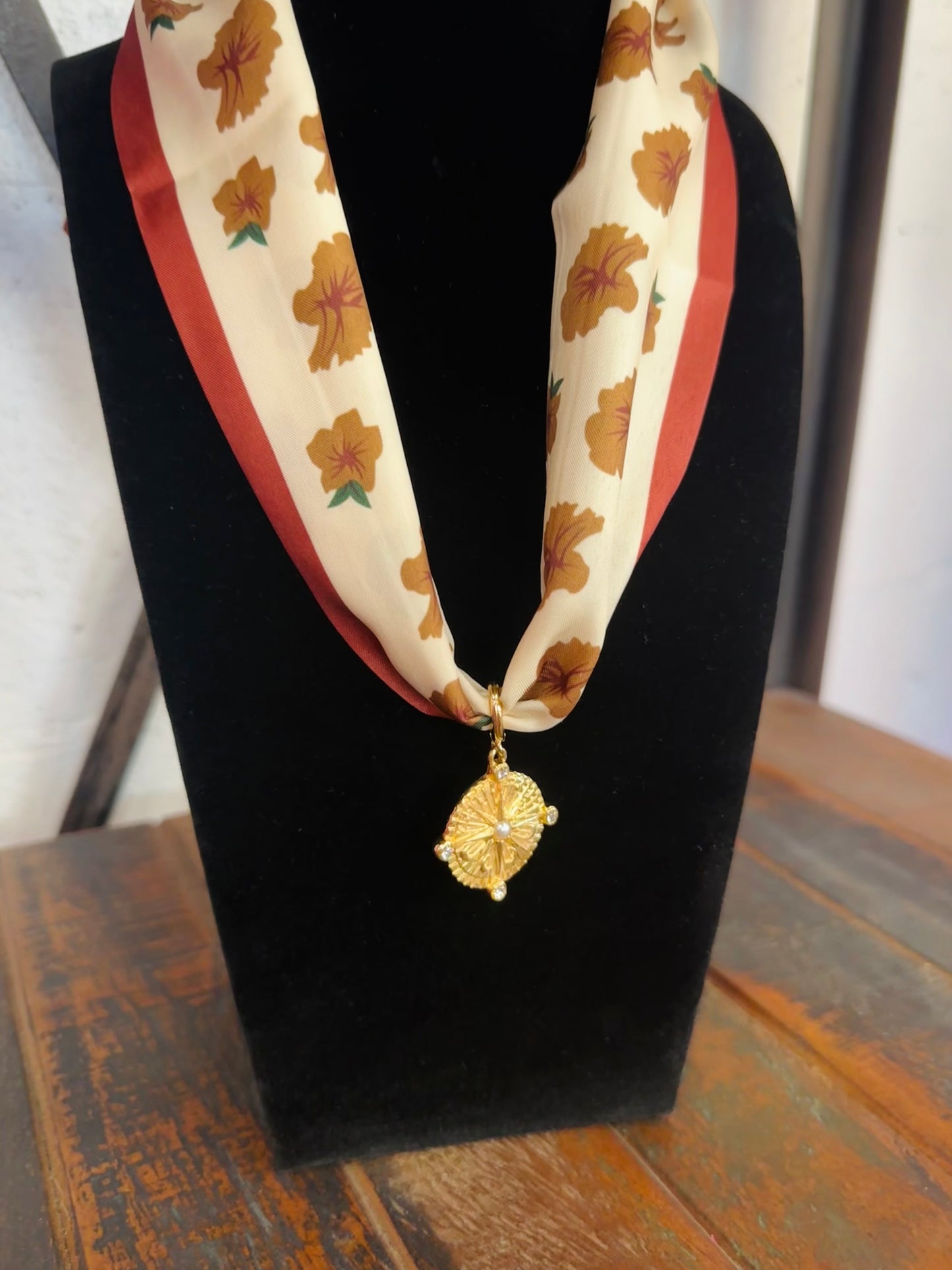 Brown Floral Silk Scarf + Gold Pendant Necklace
