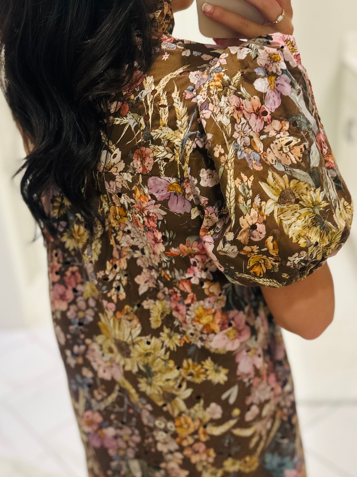 The Nadine Brown Floral Eyelet Midi Dress