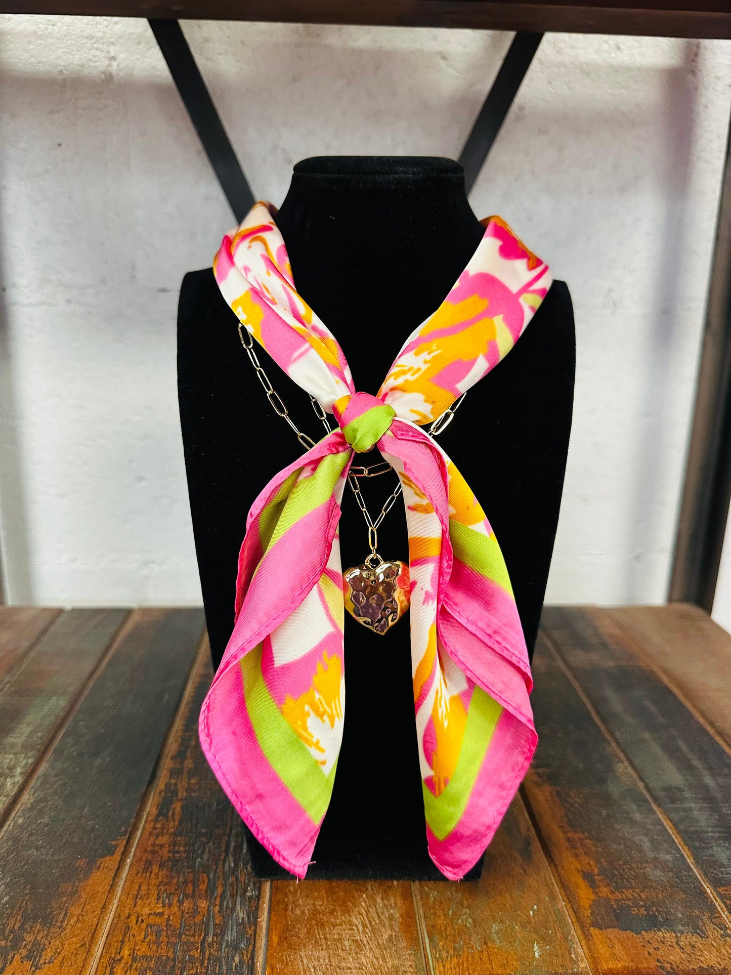 Pink + Gold Heart Pendant Scarf Necklace