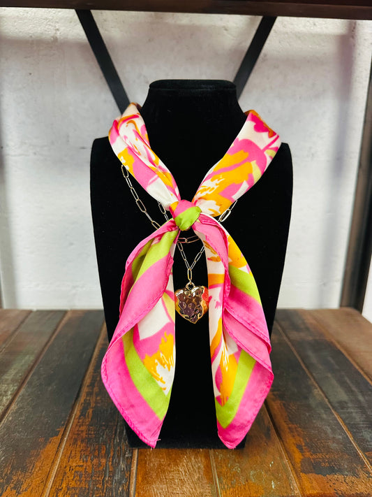 Pink + Gold Heart Pendant Scarf Necklace