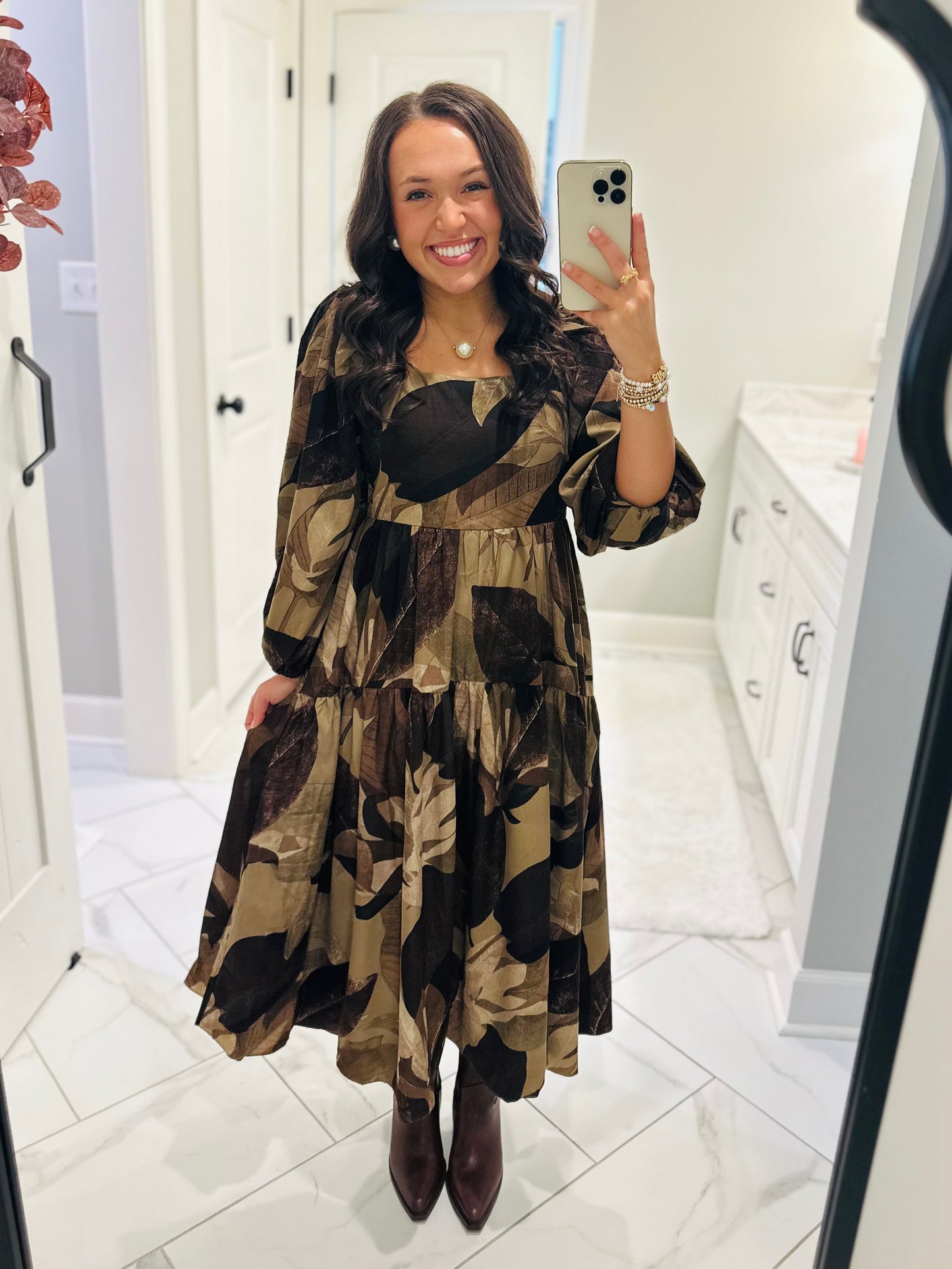 The Loretta Mocha Leaf Midi Dress