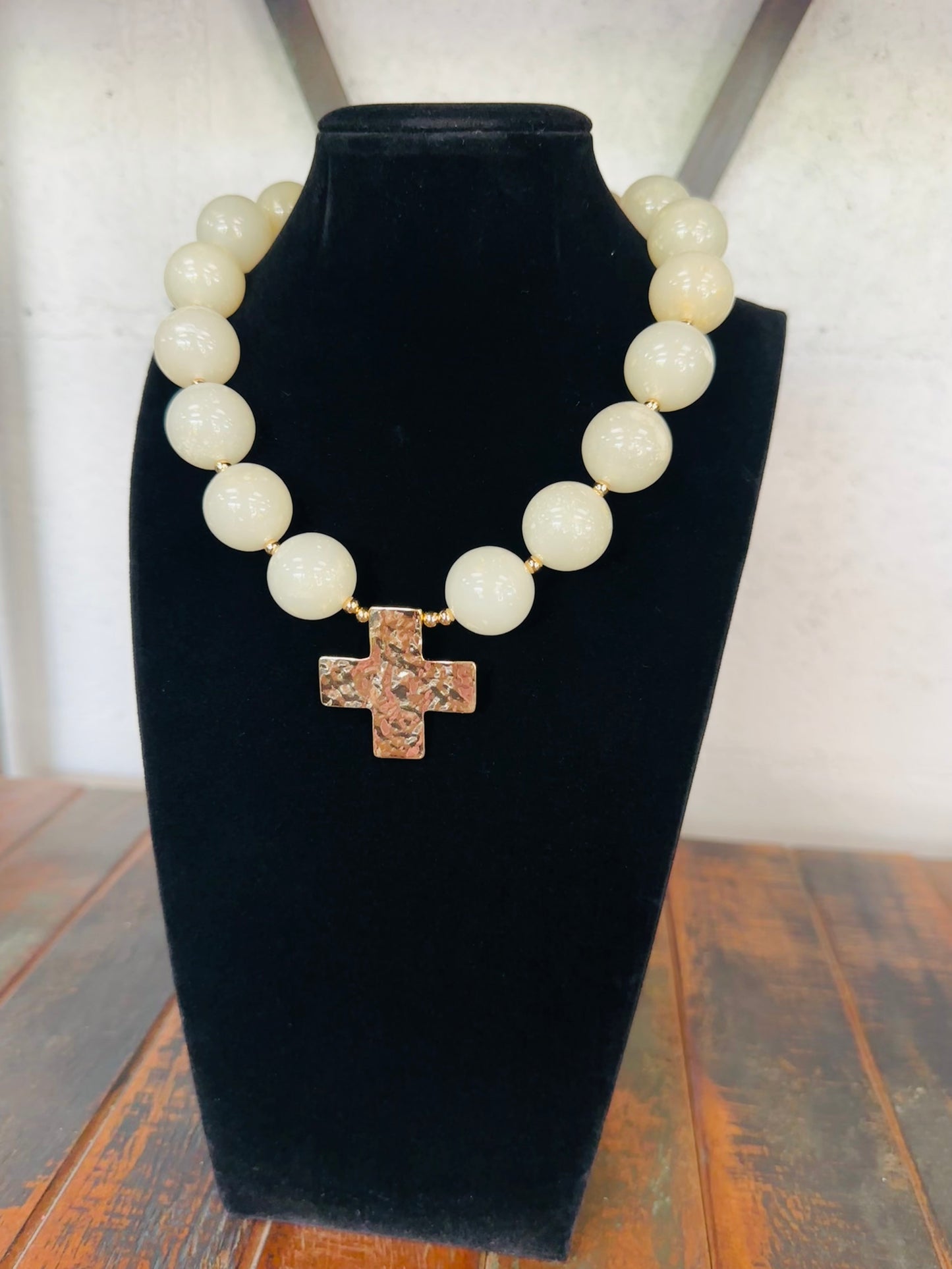 Ivory + Gold Cross Pendant Marble Ball Necklace