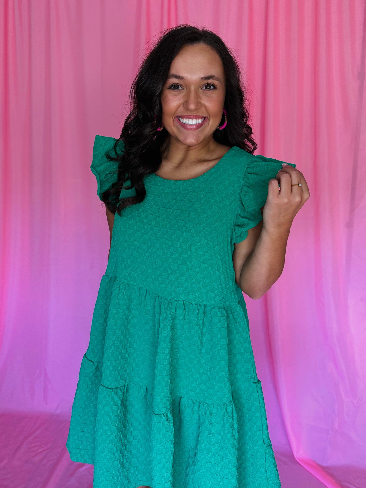 The Kodi Kelly Green Textured Tiered Swing Dress