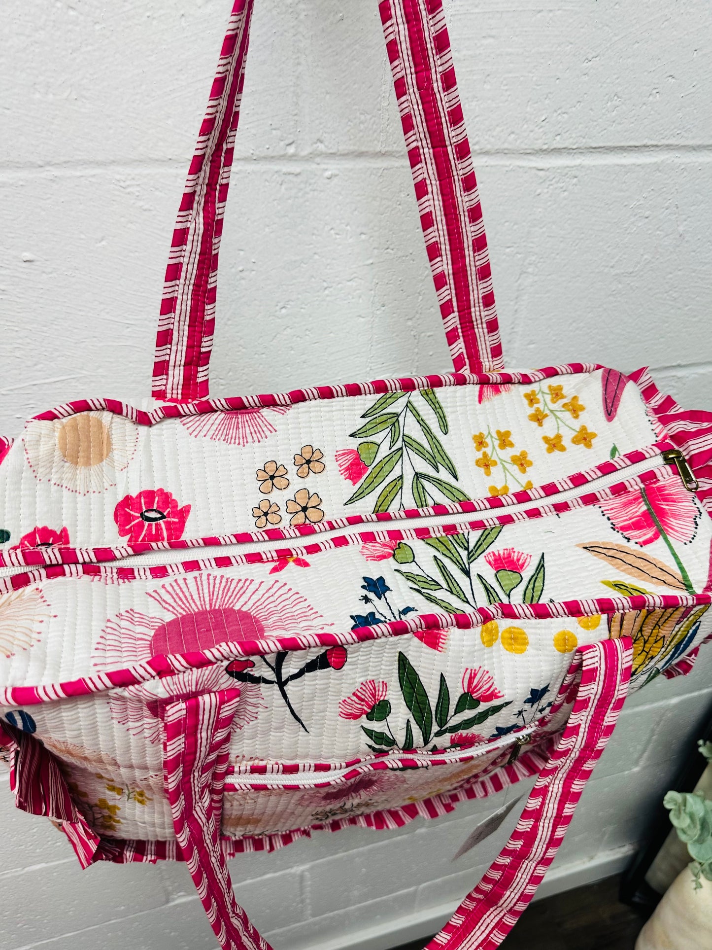 The White + Pink Floral Ruffle Quilted Tote Bag
